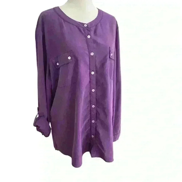 Chicos Tunic Roll Sleeve Silky Button Up Top Size 3 Large Purple Career Flowy - Picture 4 of 11